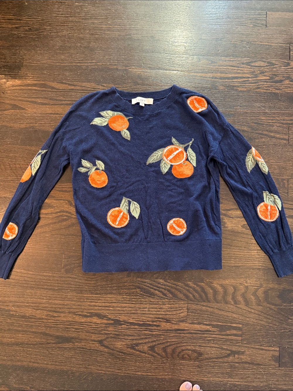 LOFT Navy Sweater with Orange Fruit Motif